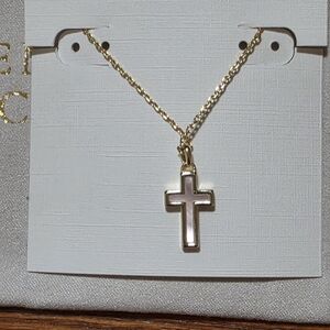 Kendra Scott Gold Reversible Cross Necklace With White Opal & Chain & Pouch